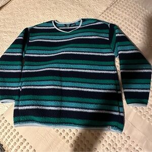 Lands End Striped Green and Blue Fleece Sweater w/ pockets